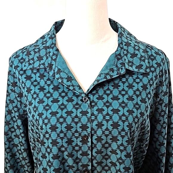 Chico's Womens Sz 16 No Iron Green Geometric 100% Cotton Fairy Button Up Top - Picture 5 of 13